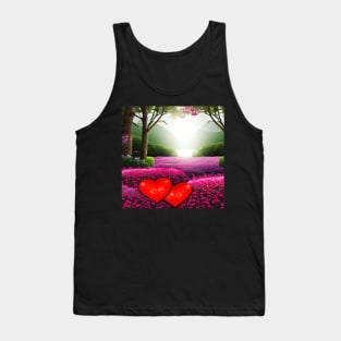 Valentine Wall Art - Hearts in a sunrise garden - Unique Valentine Fantasy Planet Landsape - Photo print, canvas, artboard print, Canvas Print and T shirt Tank Top